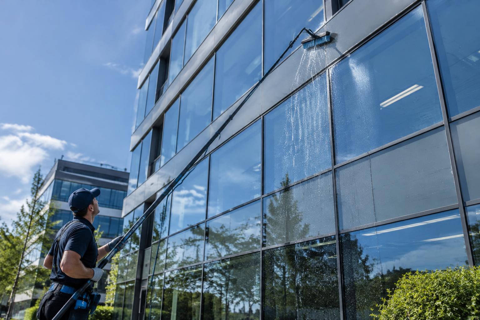 Fensterreinigung mit Osmoseanlage: Gebäudereiniger reinigt Glasfassade mit Teleskopstange und Osmose-Reinwasser Fensterreinigung mit Osmoseanlage: Gebäudereiniger reinigt Glasfassade mit Teleskopstange und Osmose-Reinwasser